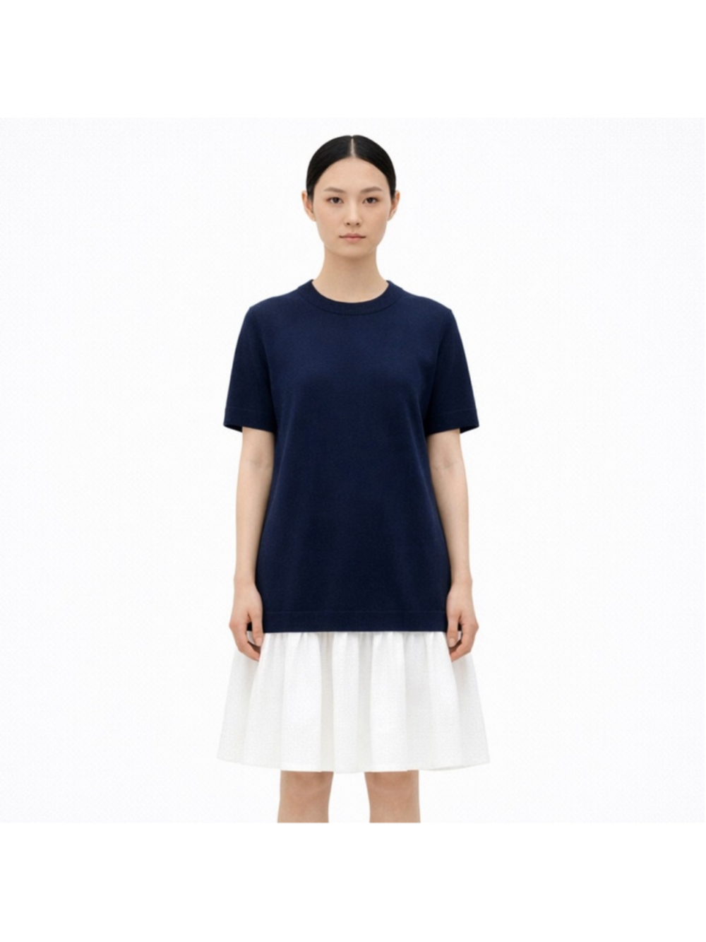 COS Navy & White Panelled Cotton Knit Dress Minimalist Style Tiered Skirt | XS–S
